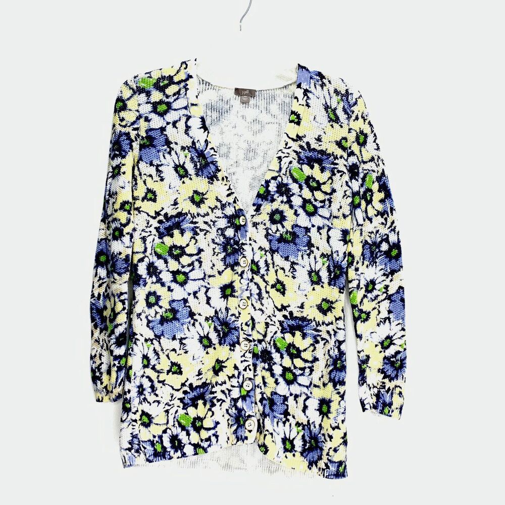 J. Jill Plus Purple Yellow Button Down Warm Long Cardigan Sweater Daisys Sz XS